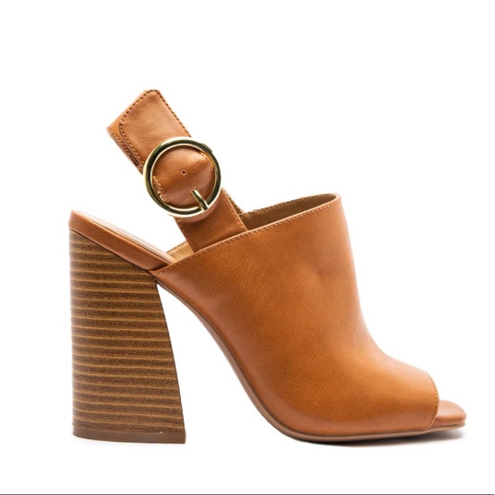 Qupid Tan Open-Toe Block Heel Wedge Sandals - Picture 3 of 4